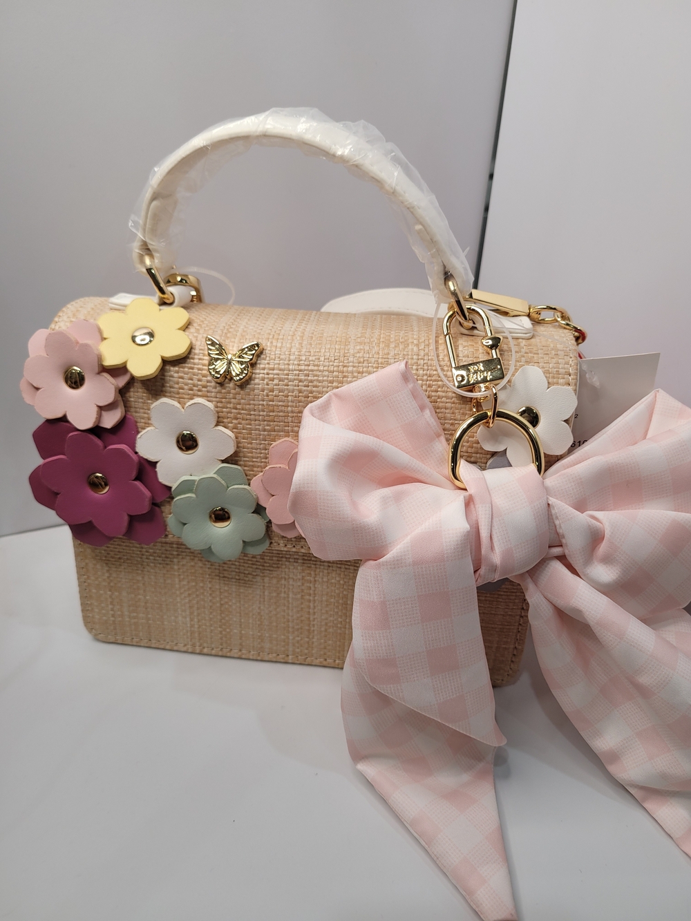 👉✨️Betsey Johnson Straw Satchel with Pink Bow & Multicolor Floral Appliqués